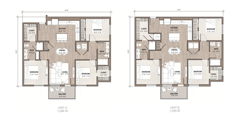 Two floor plans of a residential building, labeled Unit A and Unit B, with dimensions and room descriptions.